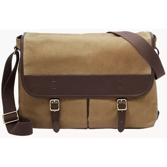 Fossil Buckner Messenger Bag Brown Canvas Brown Leather Satchel Book Bag‎ - Picture 1 of 16